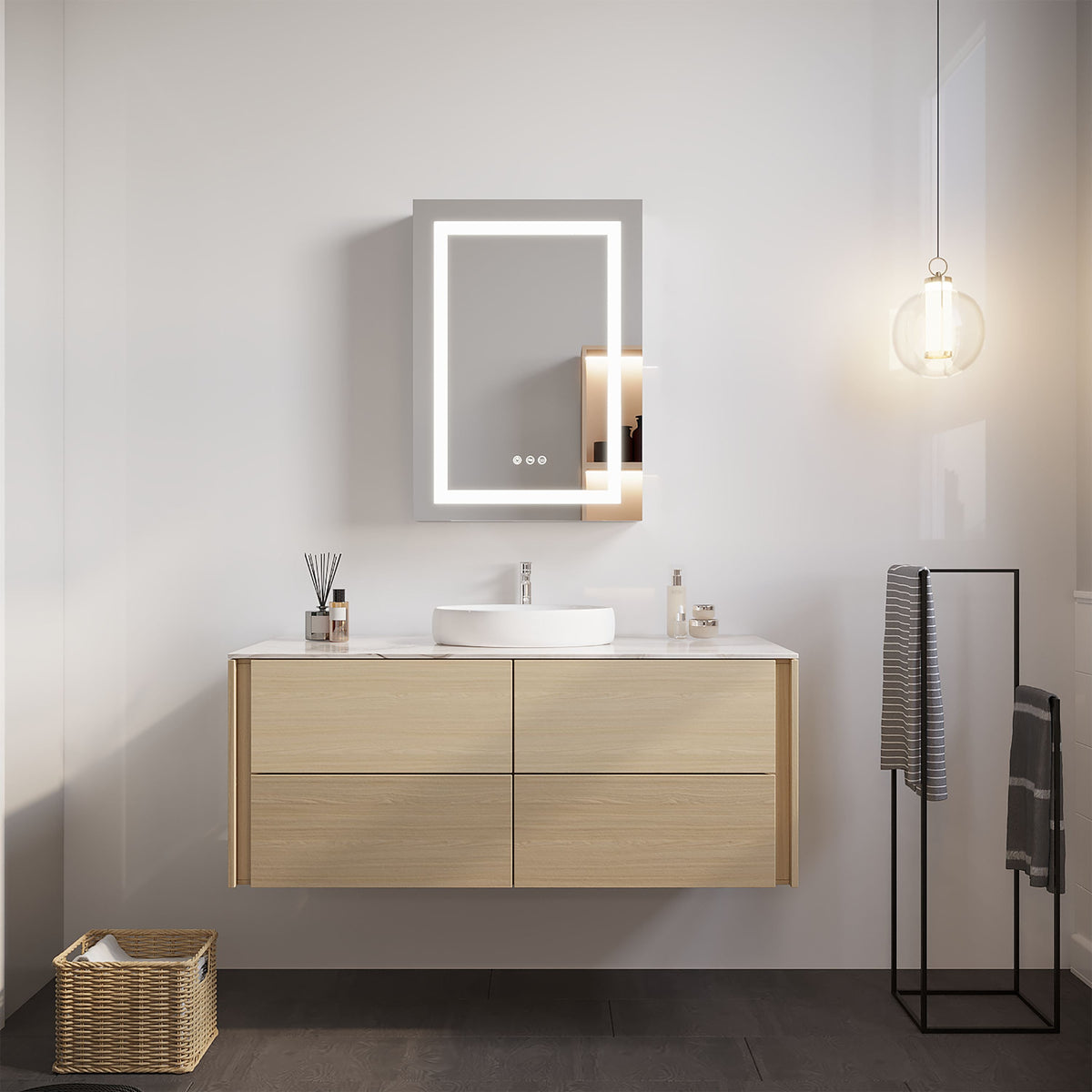 WELLFOR 26-in x 20-in Lighted LED Fog Free Surface/Recessed Mount Silver Mirrored Soft Close Medicine Cabinet