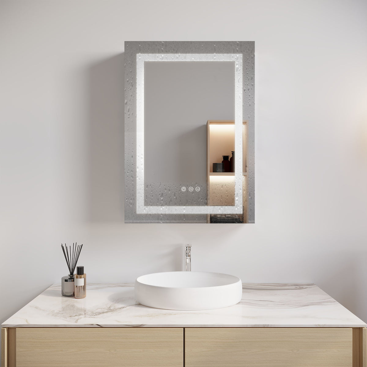 WELLFOR 26-in x 20-in Lighted LED Fog Free Surface/Recessed Mount Silver Mirrored Soft Close Medicine Cabinet