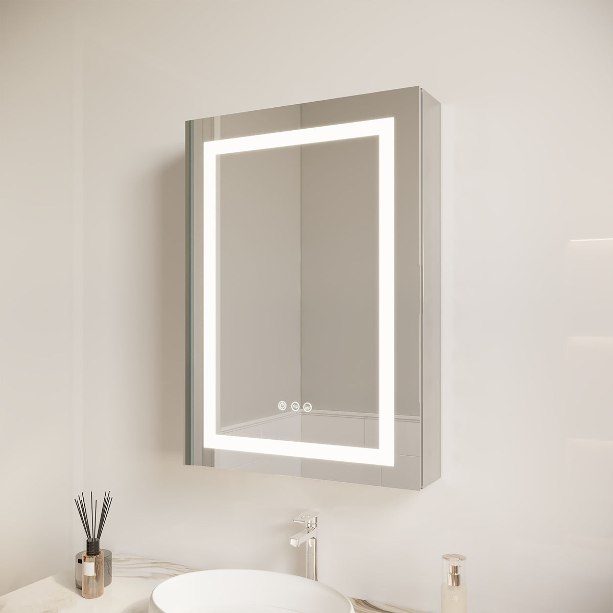 WELLFOR 26-in x 20-in Lighted LED Fog Free Surface/Recessed Mount Silver Mirrored Soft Close Medicine Cabinet
