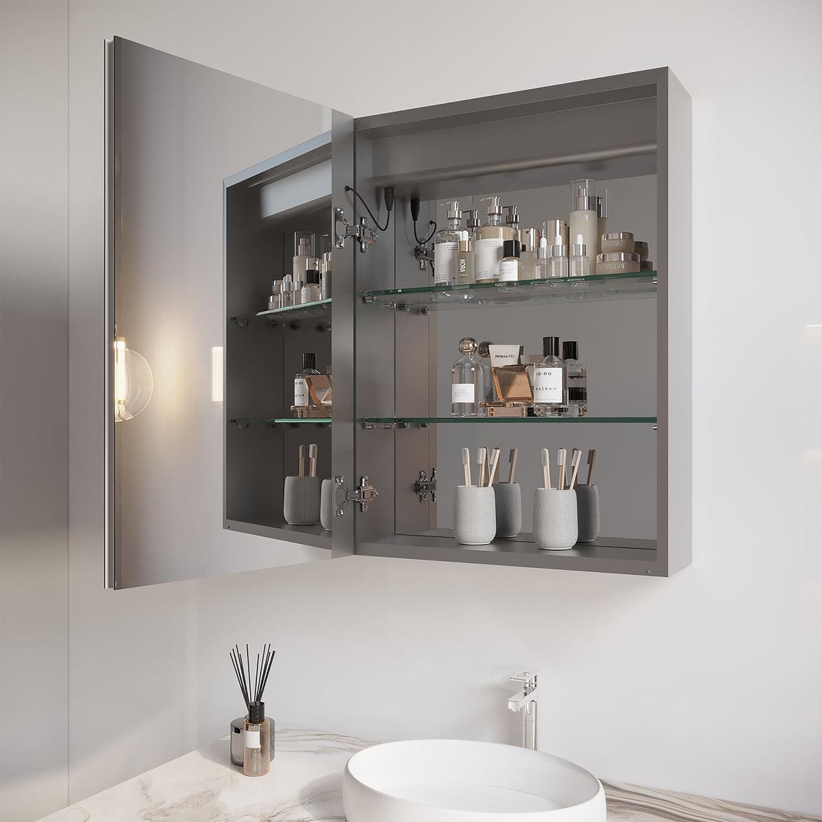WELLFOR 26-in x 20-in Lighted LED Fog Free Surface/Recessed Mount Silver Mirrored Soft Close Medicine Cabinet