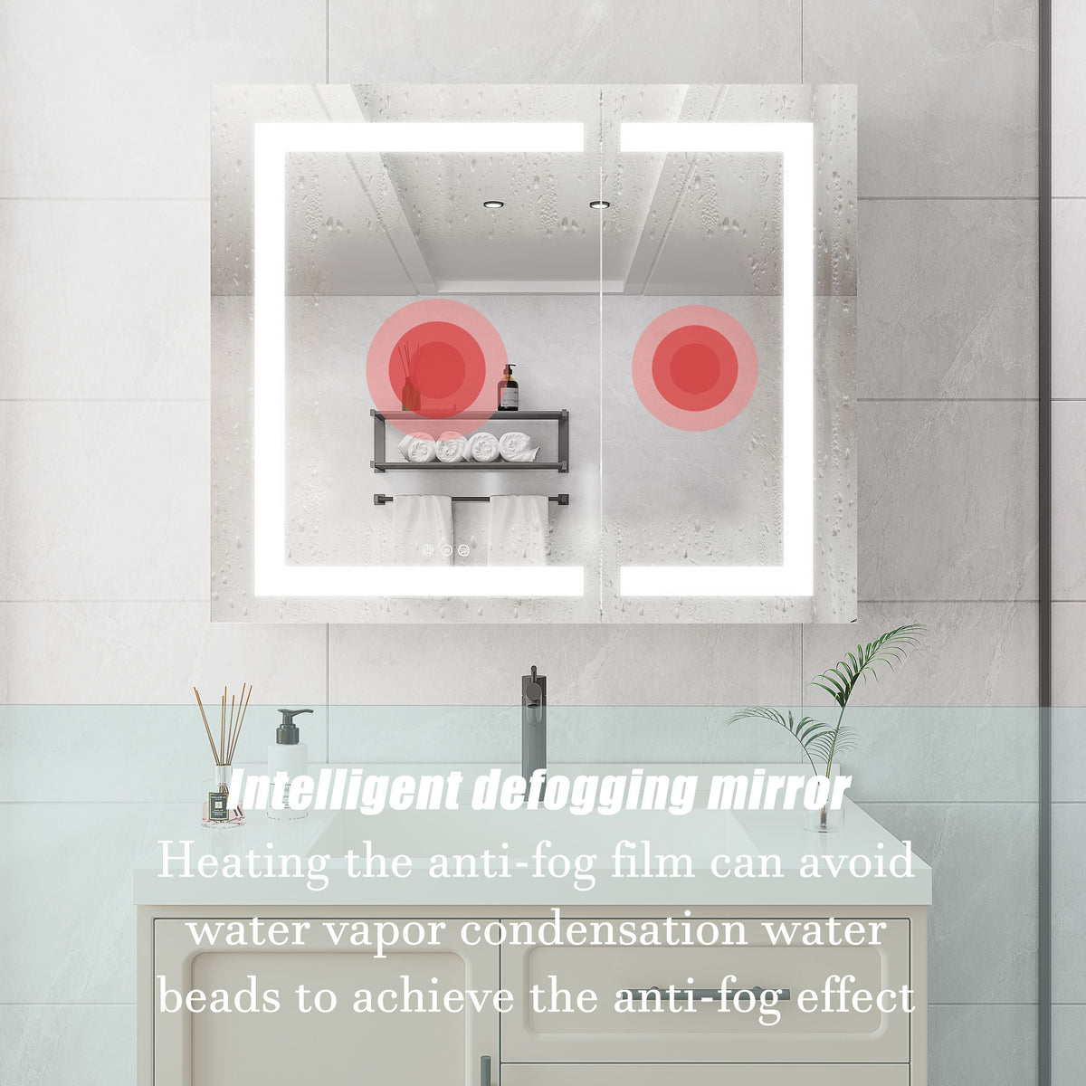 WELLFOR 36-in x 30-in Lighted LED Fog Free Surface Mount Silver Mirrored Soft Close Medicine Cabinet