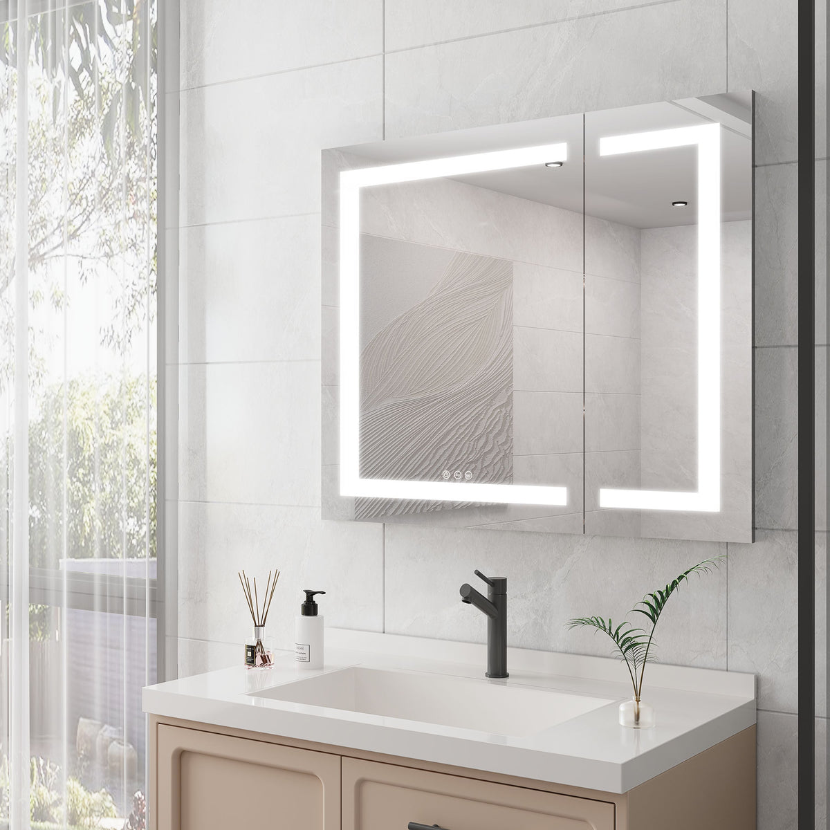 WELLFOR 36-in x 30-in Lighted LED Fog Free Surface Mount Silver Mirrored Soft Close Medicine Cabinet