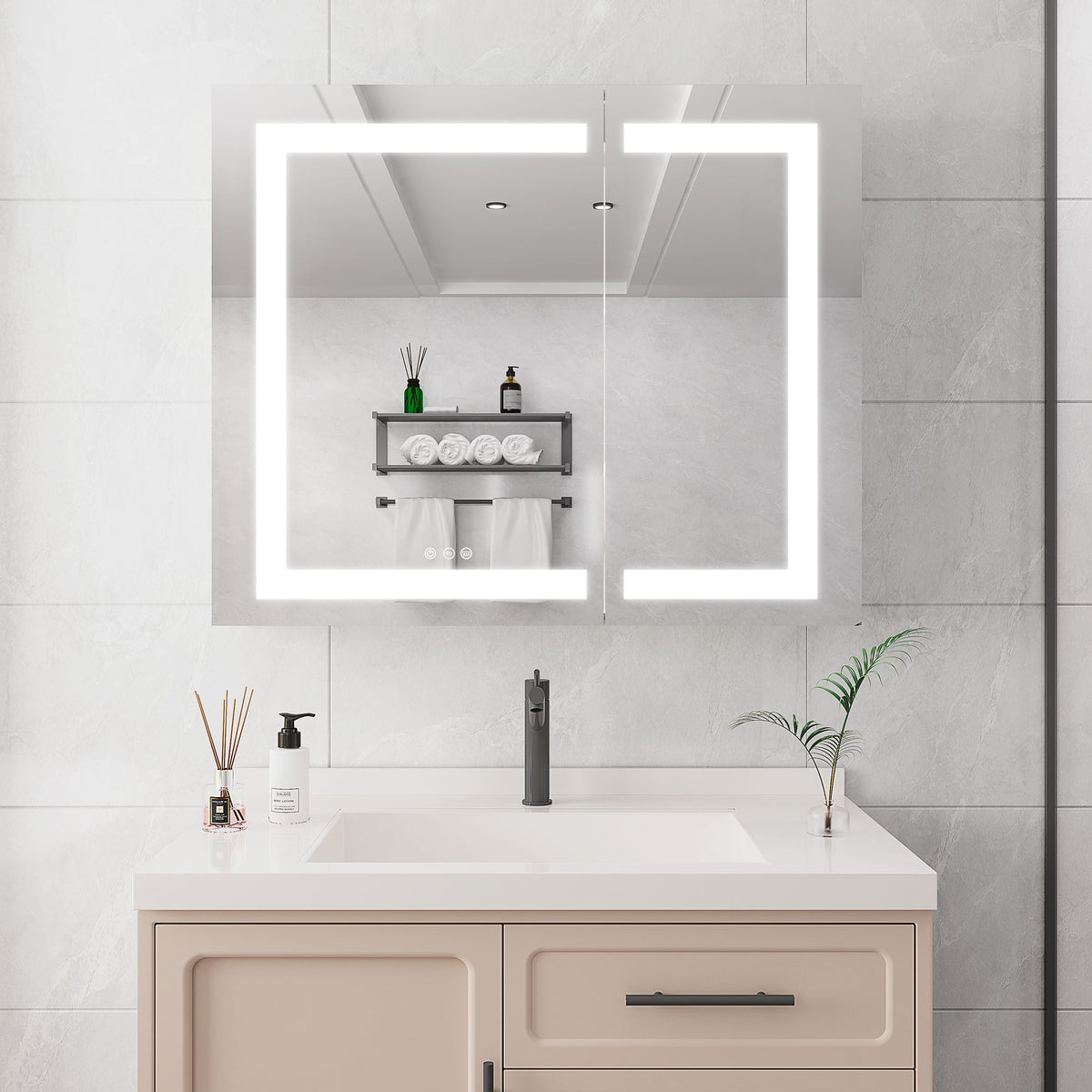 WELLFOR 36-in x 30-in Lighted LED Fog Free Surface Mount Silver Mirrored Soft Close Medicine Cabinet