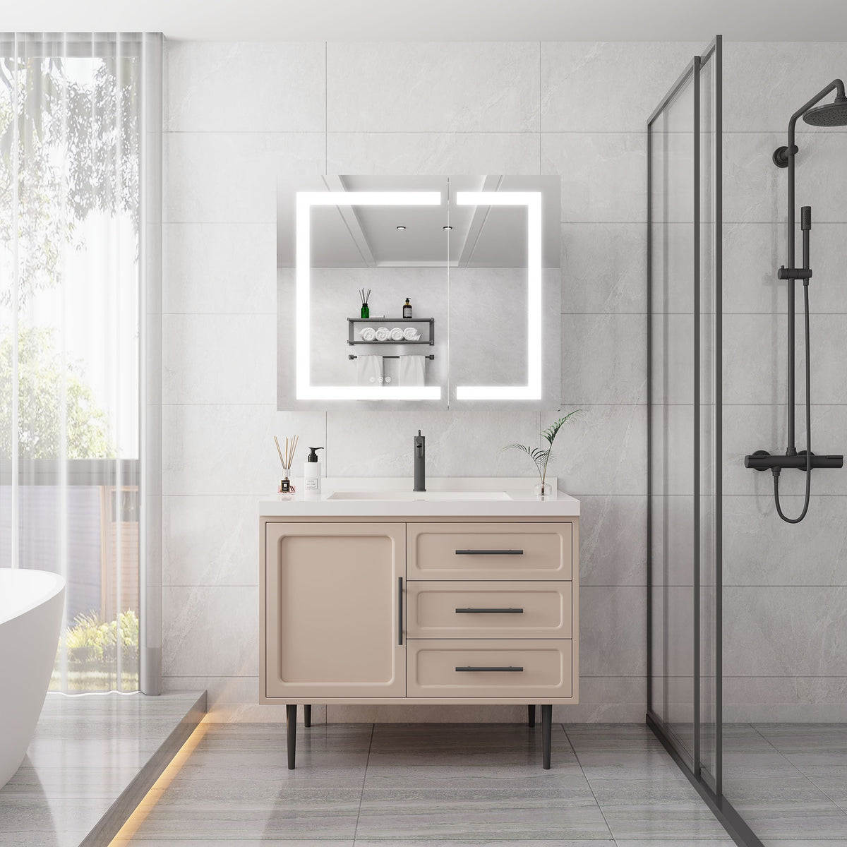 WELLFOR 36-in x 30-in Lighted LED Fog Free Surface Mount Silver Mirrored Soft Close Medicine Cabinet