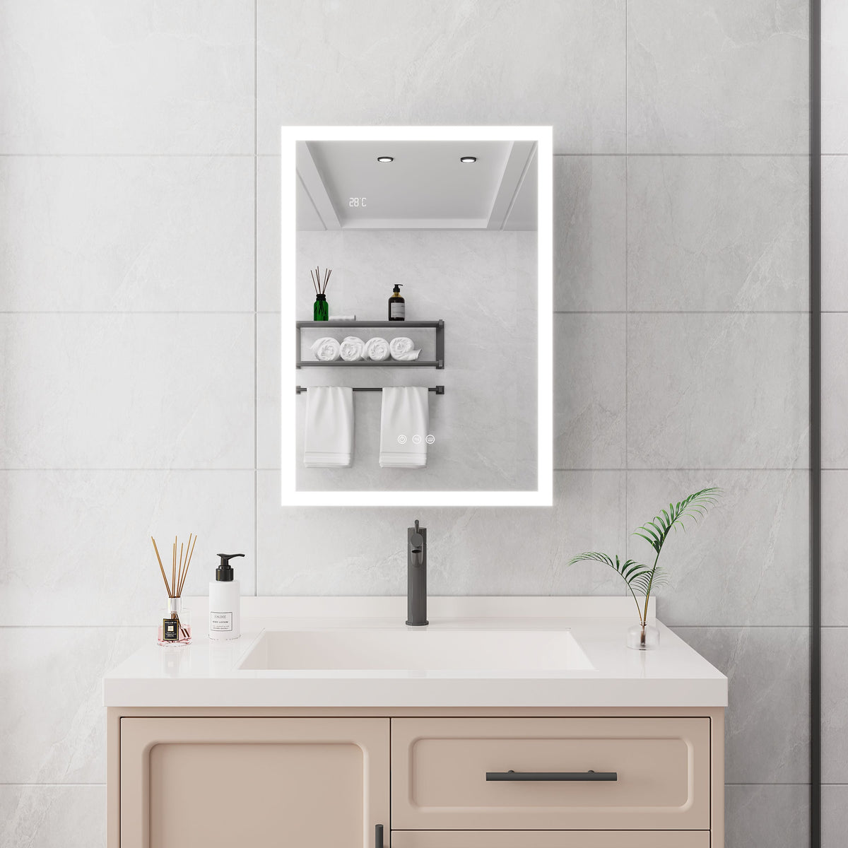 WELLFOR 20-in x 28-in Lighted LED Fog Free Surface Mount Silver Mirrored Soft Close Medicine Cabinet