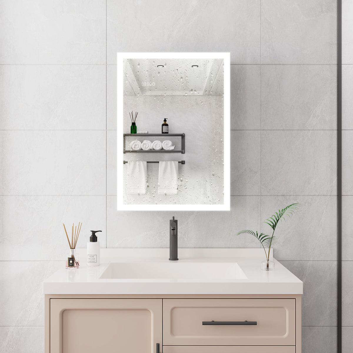 WELLFOR 20-in x 28-in Lighted LED Fog Free Surface Mount Silver Mirrored Soft Close Medicine Cabinet