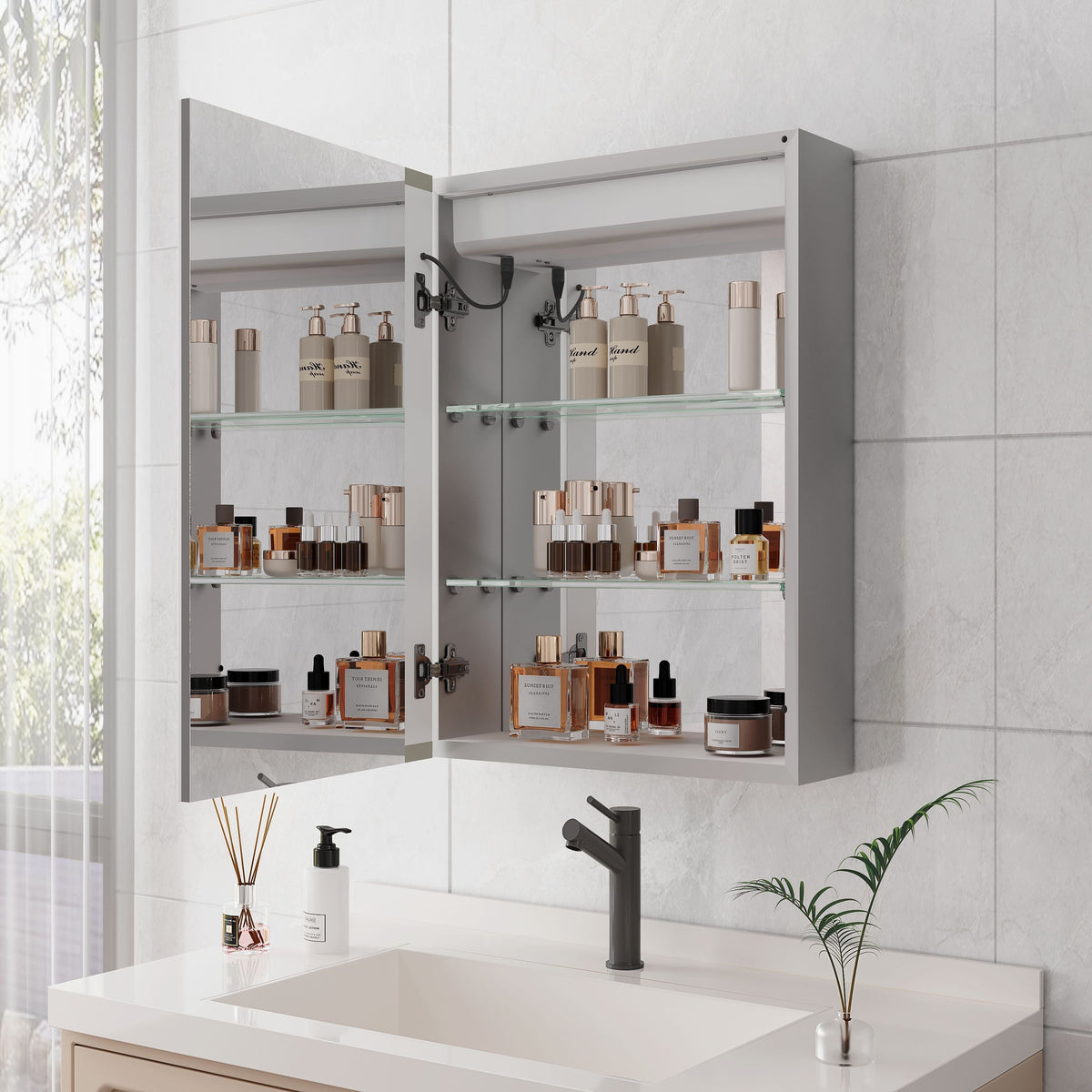 WELLFOR 20-in x 28-in Lighted LED Fog Free Surface Mount Silver Mirrored Soft Close Medicine Cabinet