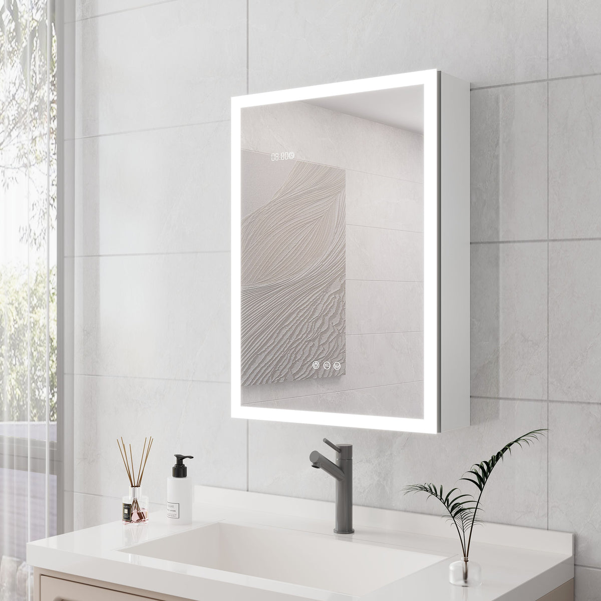 WELLFOR 20-in x 28-in Lighted LED Fog Free Surface Mount Silver Mirrored Soft Close Medicine Cabinet