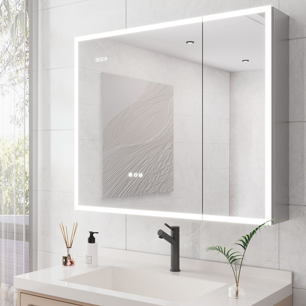 WELLFOR 36-in x 30-in Lighted LED Fog Free Surface Mount Silver Mirrored Soft Close Medicine Cabinet with Outlet