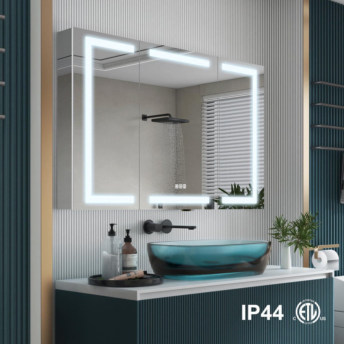 Forclover 48-in x 30-in Lighted LED Fog Free Surface/Recessed Mount Silver Mirrored Soft Close Medicine Cabinet with Outlet