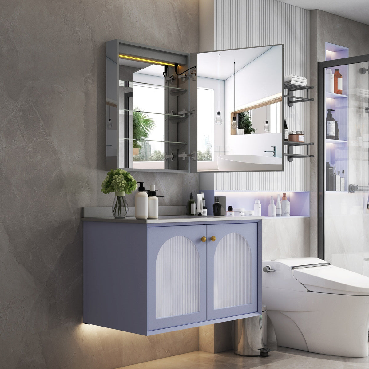 Forclover 24-in x 30-in Lighted LED Fog Free Surface/Recessed Mount Silver Mirrored Soft Close Medicine Cabinet with Outlet