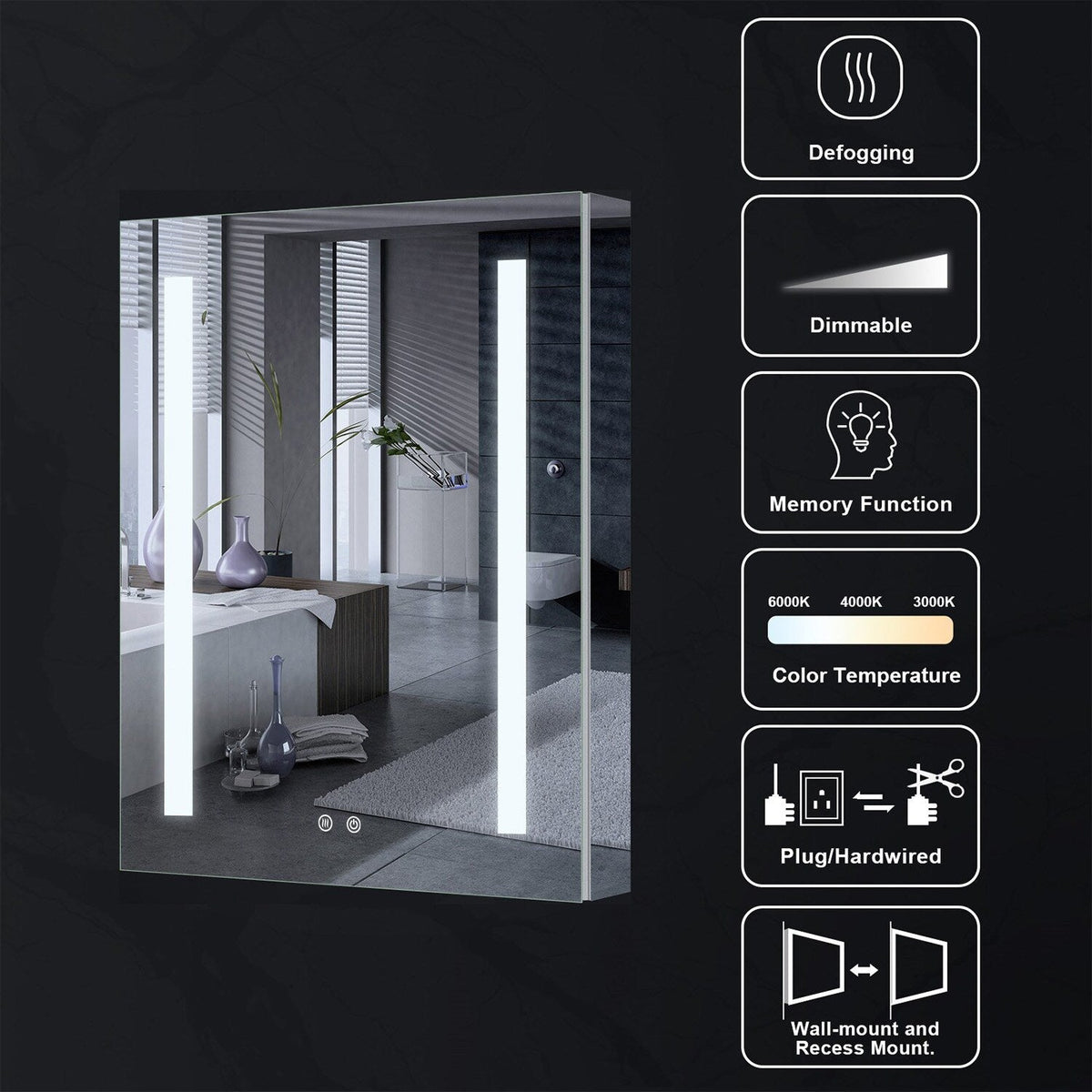 Forclover 24-in x 30-in Lighted LED Fog Free Surface/Recessed Mount Silver Mirrored Soft Close Medicine Cabinet with Outlet