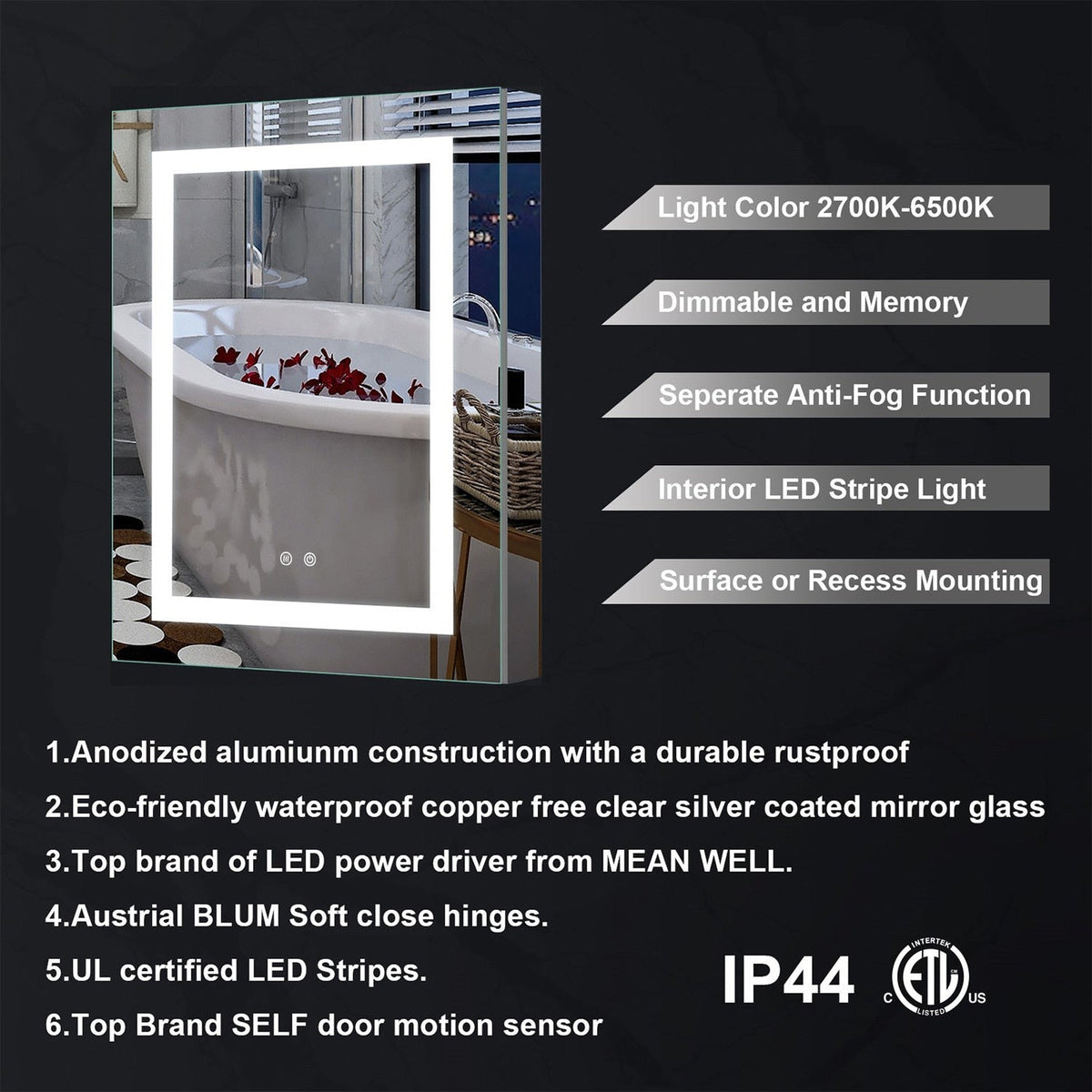 Forclover 24-in x 30-in Lighted LED Fog Free Surface/Recessed Mount Silver Mirrored Soft Close Medicine Cabinet with Outlet