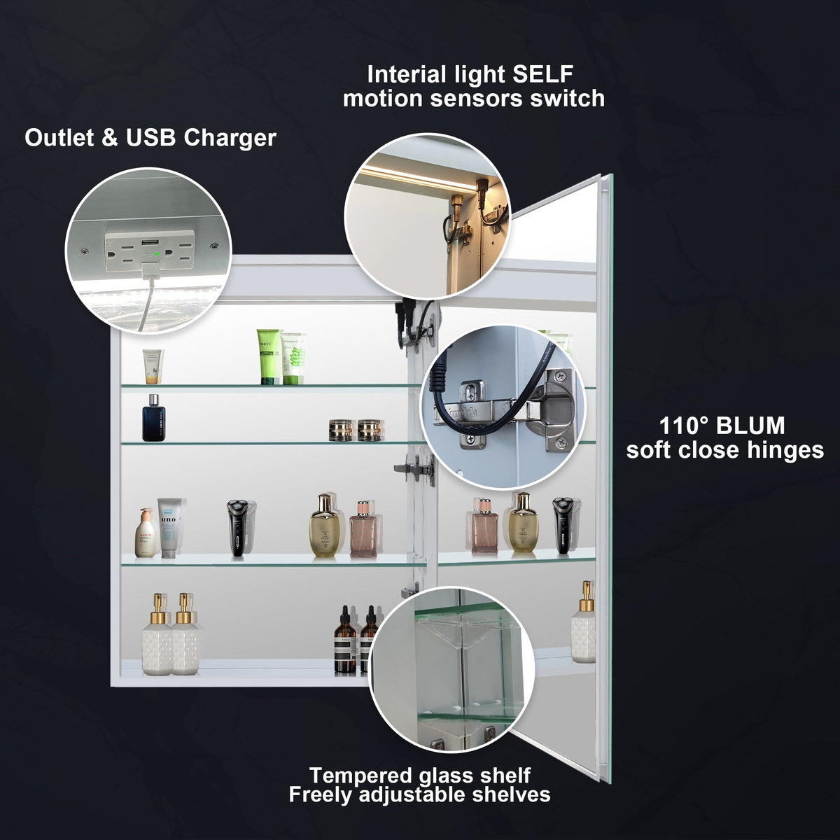 Forclover 24-in x 30-in Lighted LED Fog Free Surface/Recessed Mount Silver Mirrored Soft Close Medicine Cabinet with Outlet
