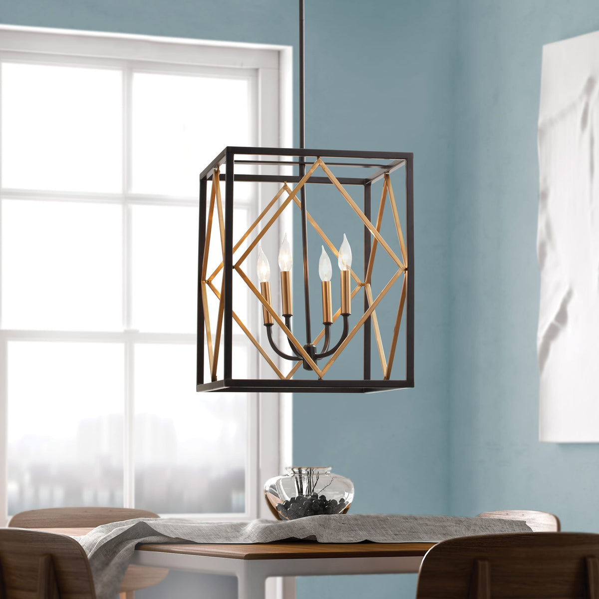 Quoizel Platform Black with Gold Transitional Square Pendant Light, 16 in x 16 in