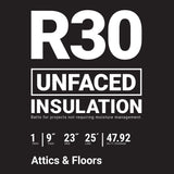 Owens Corning EcoTouch R-30 Unfaced Fiberglass Insulation Roll, 23 in. W x 25 ft. L, 47.92 sq. ft. Coverage