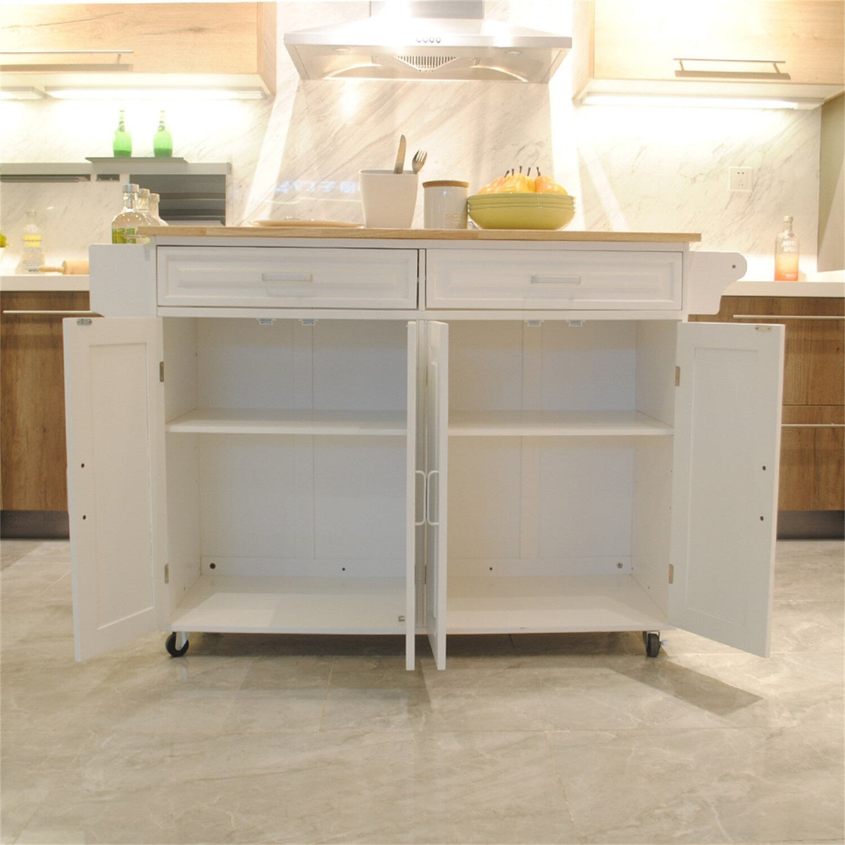 BABOOM White Mdf Base with Wood Top Rolling Kitchen Island (18.11-in x 53.93-in x 35.03-in)