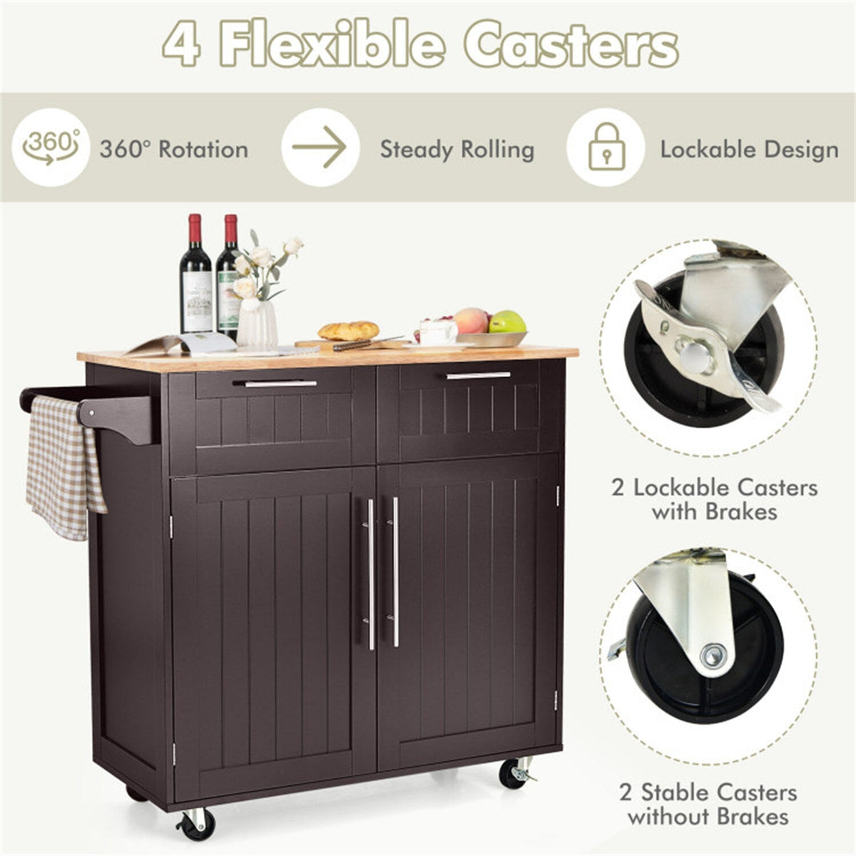 BABOOM Brown Mdf Base with Wood Top Rolling Kitchen Island (18-in x 37-in)