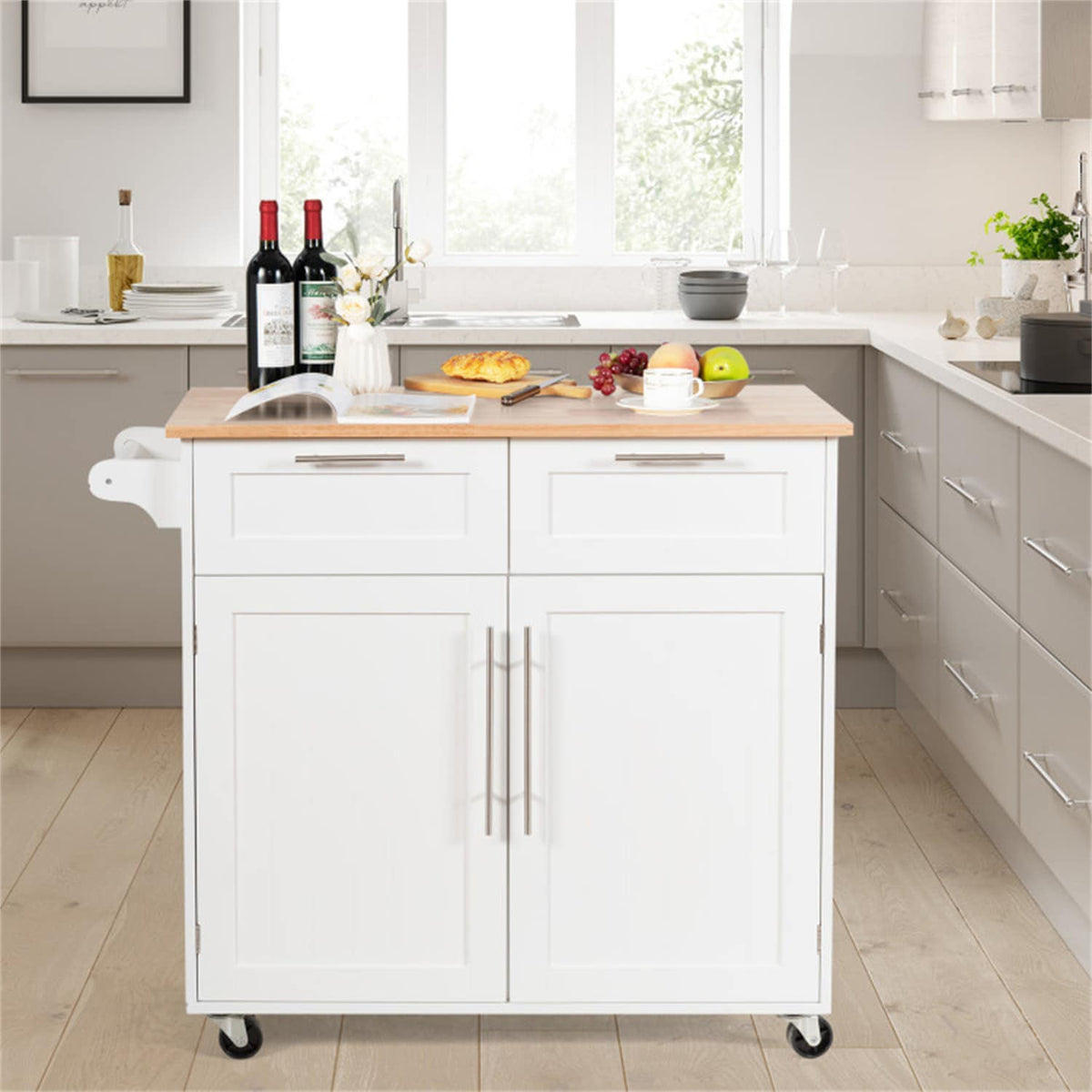 BABOOM White Mdf Base with Wood Top Rolling Kitchen Island (18-in x 37-in)