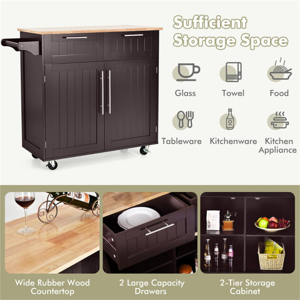 BABOOM Brown Mdf Base with Wood Top Rolling Kitchen Island (18-in x 37-in)