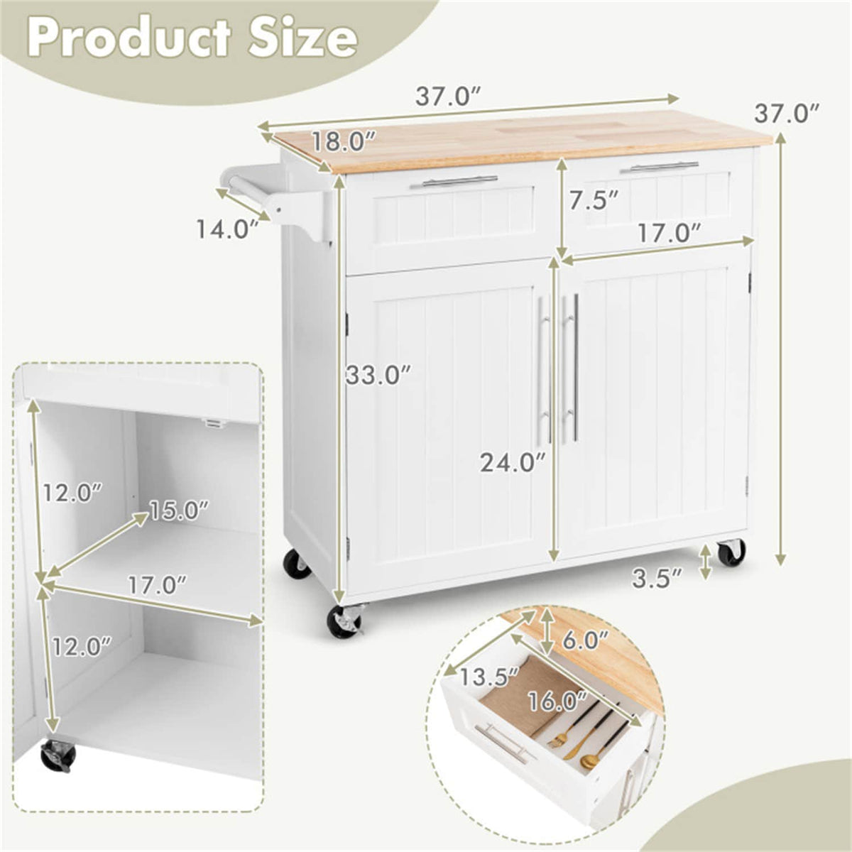 BABOOM White Mdf Base with Wood Top Rolling Kitchen Island (18-in x 37-in)