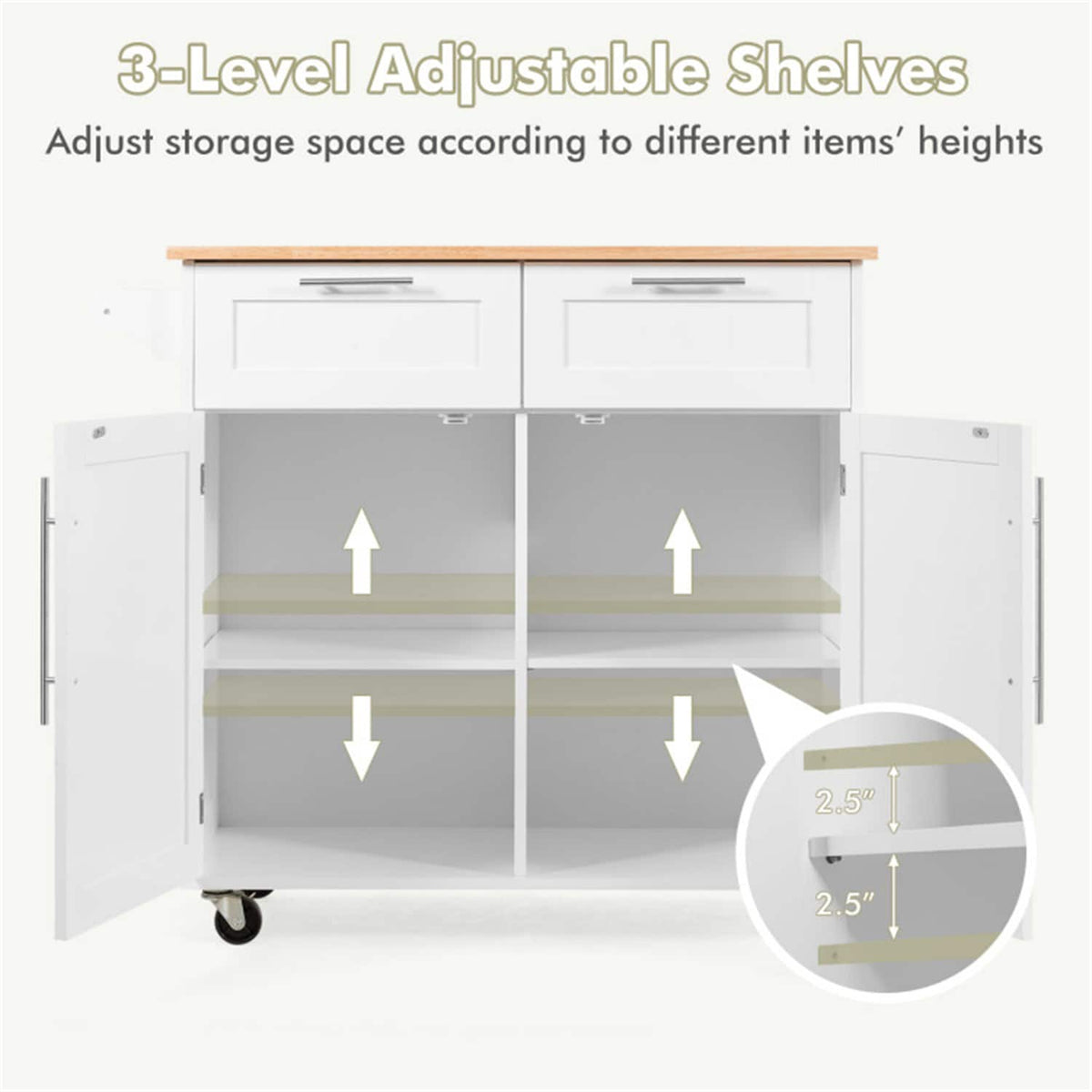 BABOOM White Mdf Base with Wood Top Rolling Kitchen Island (18-in x 37-in)