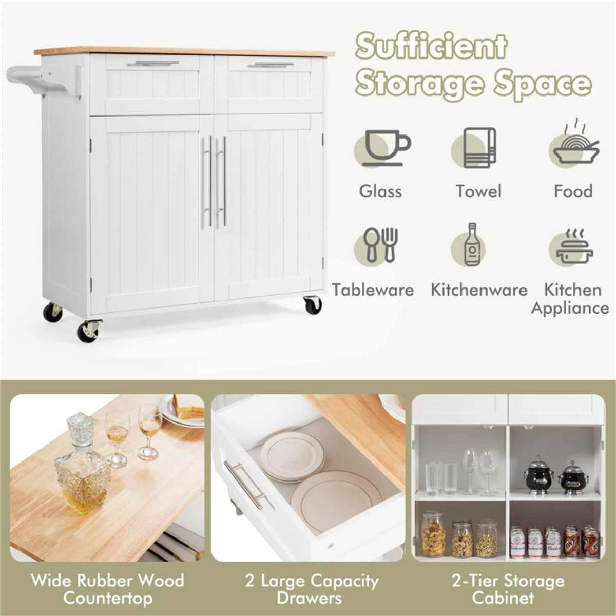 BABOOM White Mdf Base with Wood Top Rolling Kitchen Island (18-in x 37-in)