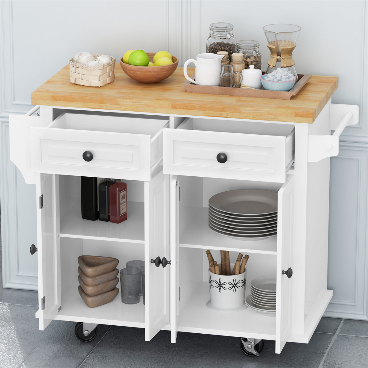 BABOOM White Mdf Base with Wood Top Rolling Kitchen Island (17.72-in x 43.31-in x 33.27-in)