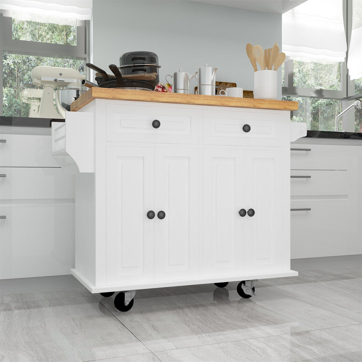 BABOOM White Mdf Base with Wood Top Rolling Kitchen Island (17.72-in x 43.31-in x 33.27-in)