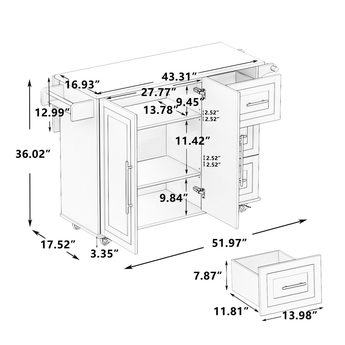 BABOOM Black Mdf Base with Wood Top Rolling Kitchen Island (17.52-in x 51.97-in x 36.02-in)