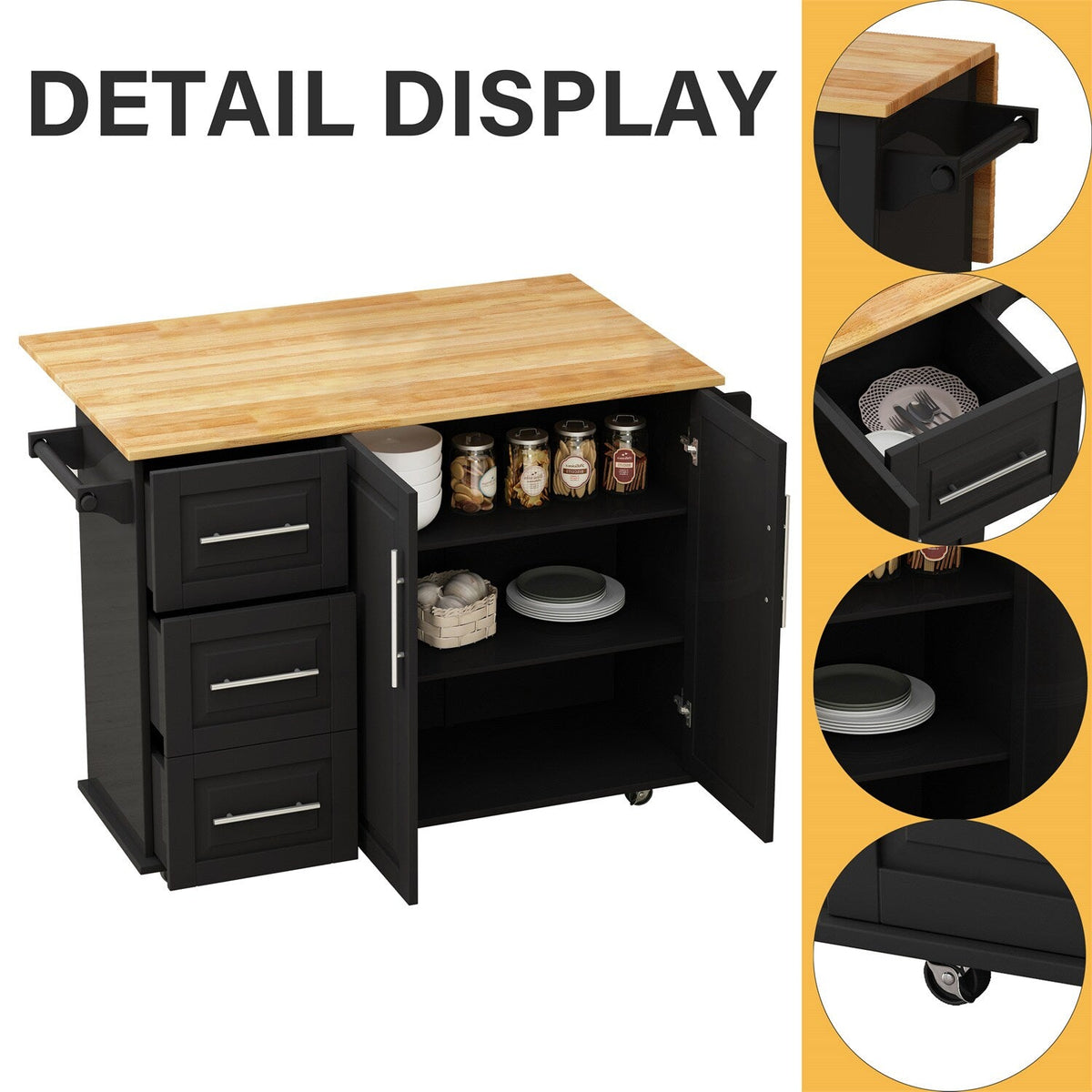 BABOOM Black Mdf Base with Wood Top Rolling Kitchen Island (17.52-in x 51.97-in x 36.02-in)