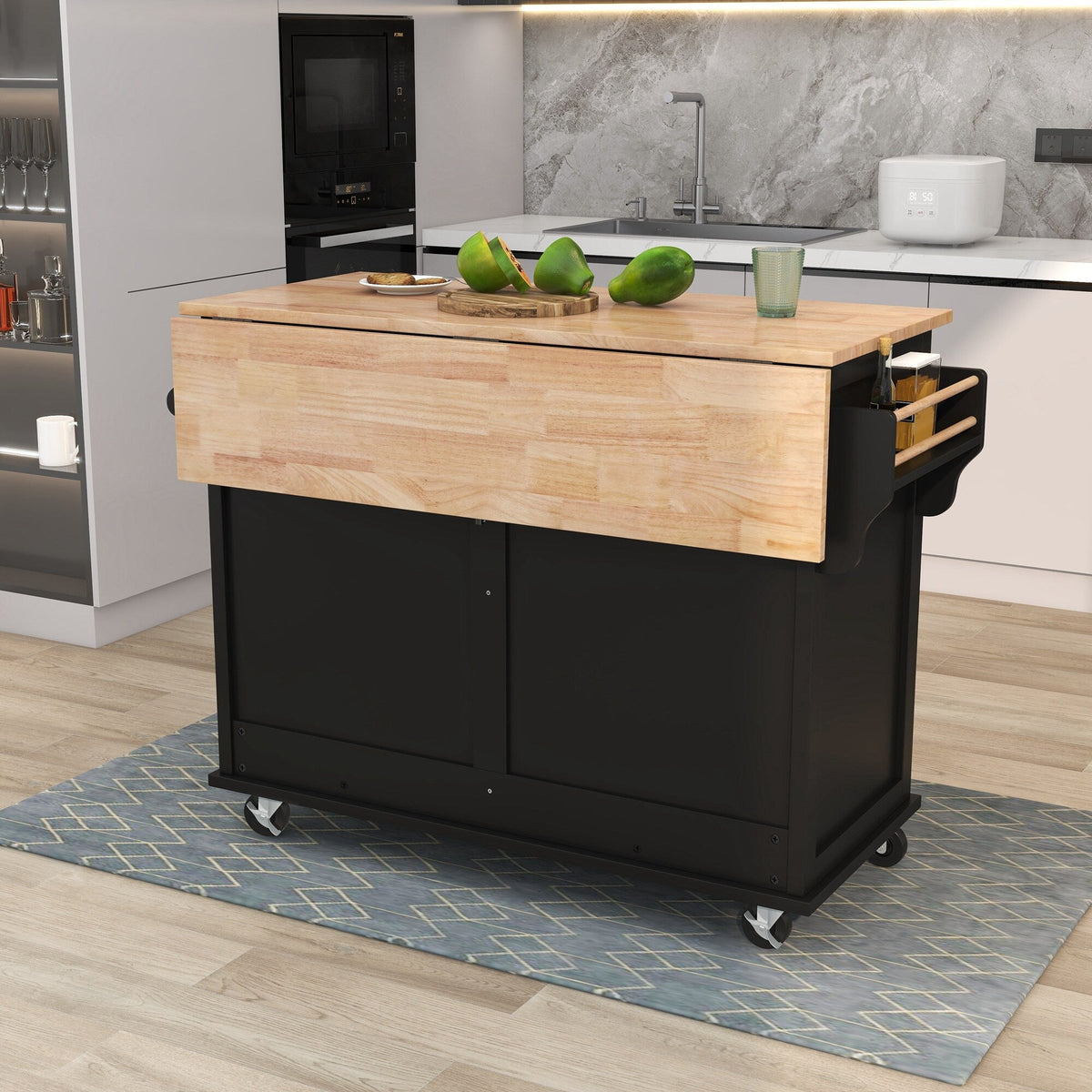 BABOOM Black Mdf Base with Wood Top Rolling Kitchen Island (20.5-in x 52.2-in x 36.6-in)