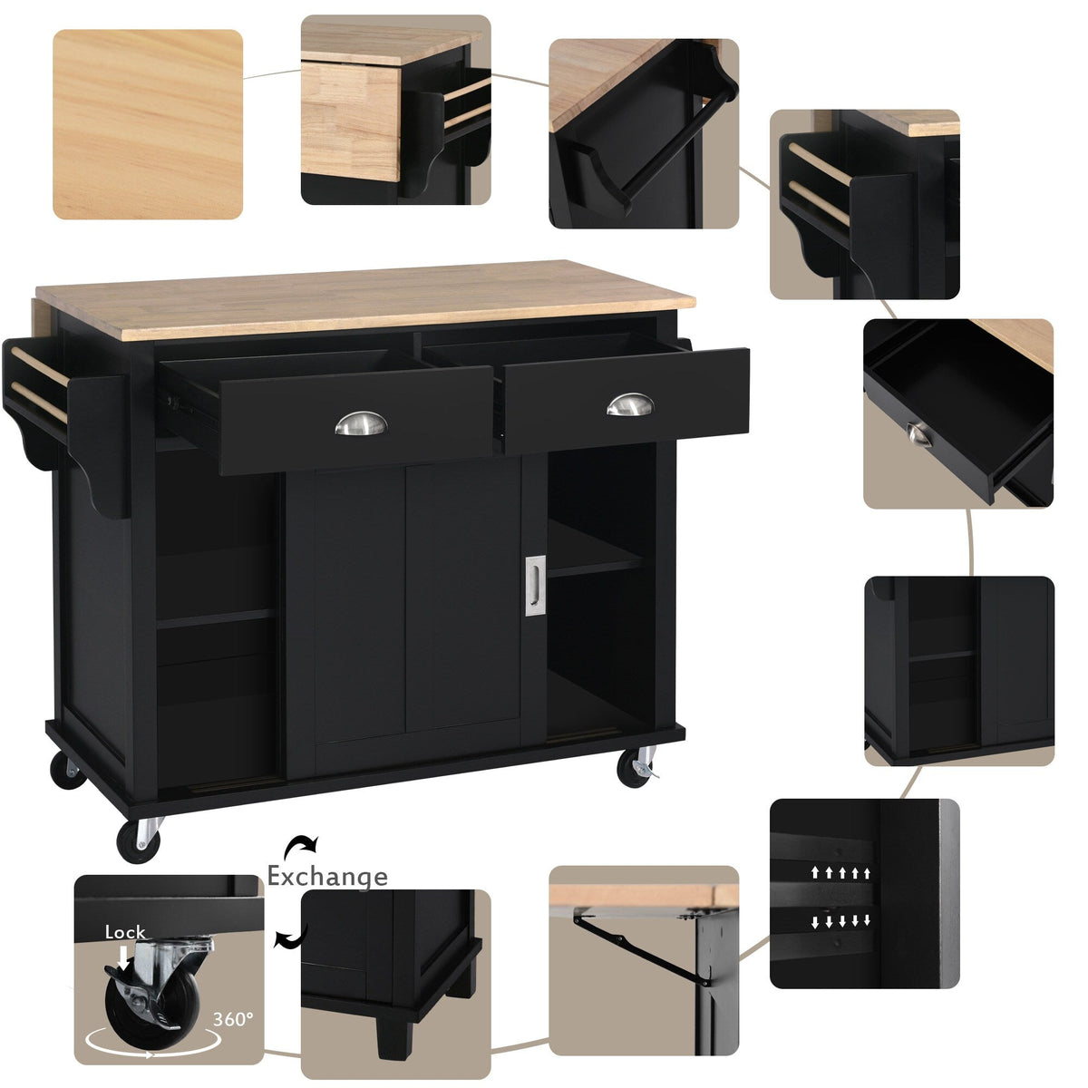 BABOOM Black Mdf Base with Wood Top Rolling Kitchen Island (20.5-in x 52.2-in x 36.6-in)