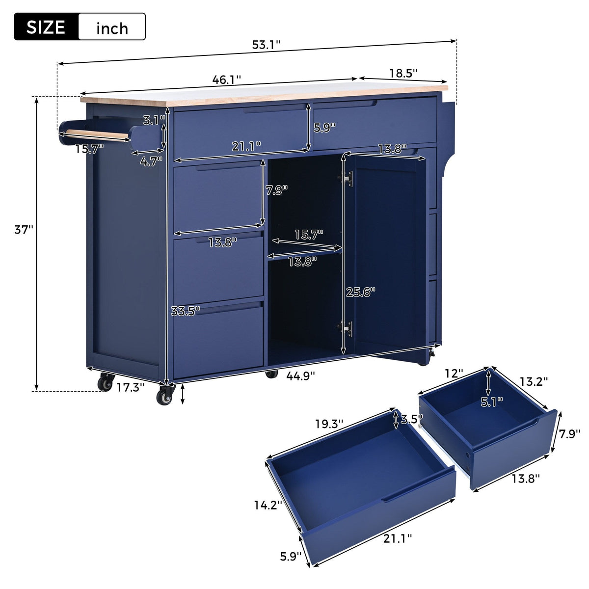 BABOOM Blue Mdf Base with Wood Top Rolling Kitchen Island (18.5-in x 53.1-in x 37-in)