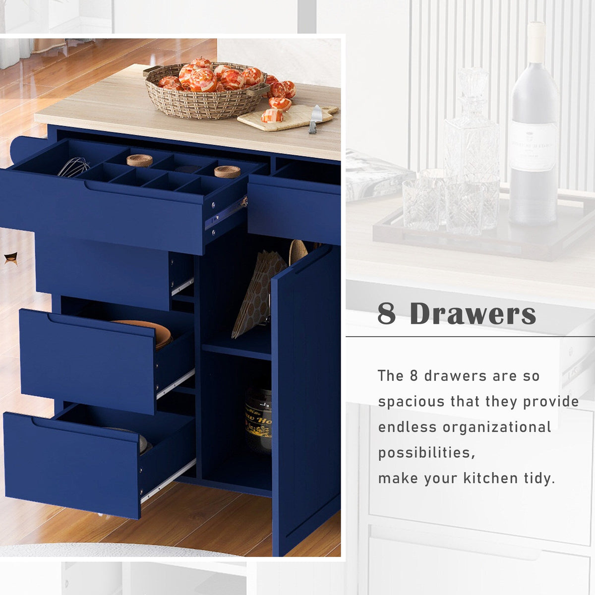 BABOOM Blue Mdf Base with Wood Top Rolling Kitchen Island (18.5-in x 53.1-in x 37-in)