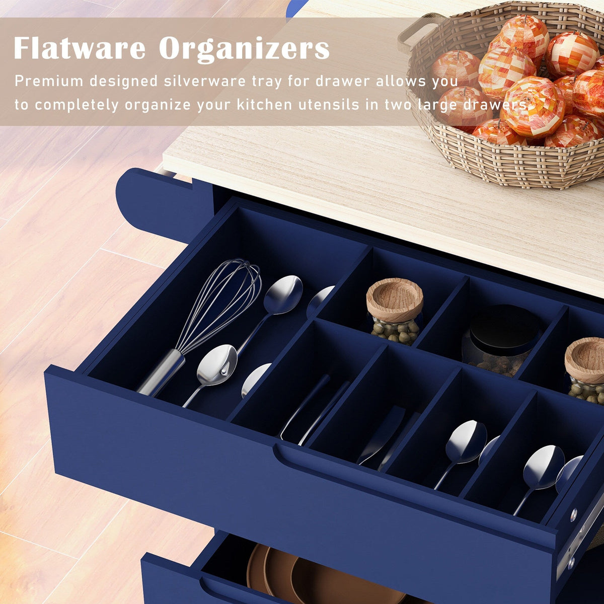 BABOOM Blue Mdf Base with Wood Top Rolling Kitchen Island (18.5-in x 53.1-in x 37-in)