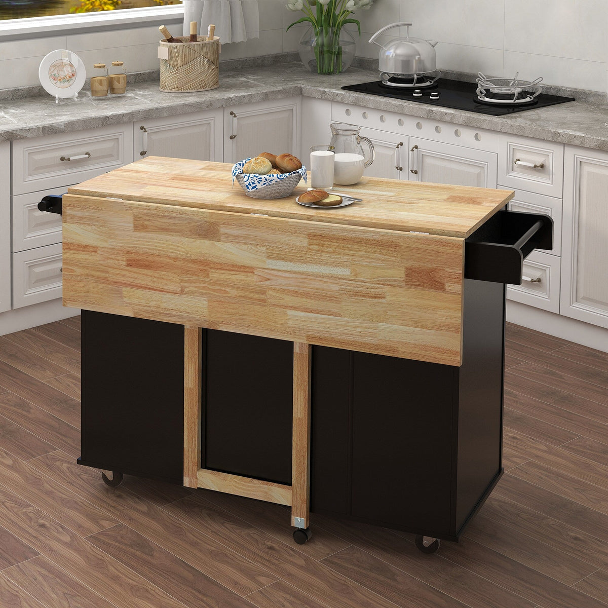 BABOOM Black Mdf Base with Wood Top Rolling Kitchen Island (16.93-in x 53.54-in x 36.02-in)