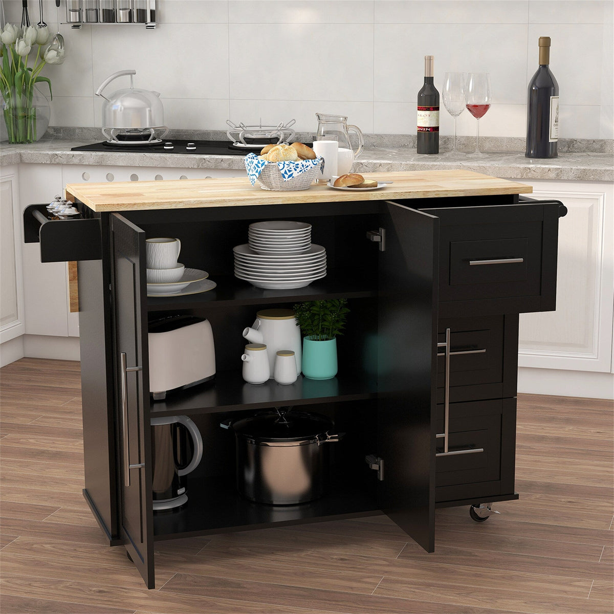 BABOOM Black Mdf Base with Wood Top Rolling Kitchen Island (16.93-in x 53.54-in x 36.02-in)