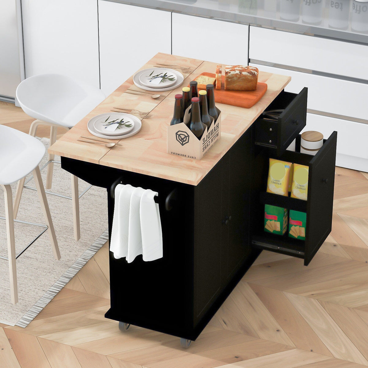 BABOOM Black Mdf Base with Wood Top Rolling Kitchen Island (28.7-in x 53.9-in x 36.8-in)