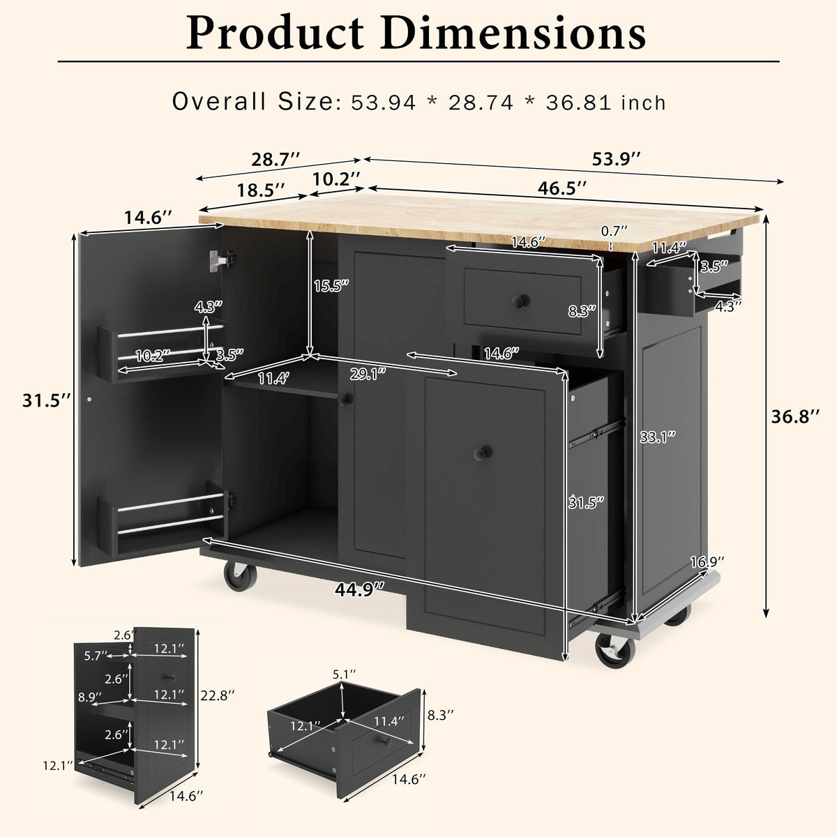 BABOOM Black Mdf Base with Wood Top Rolling Kitchen Island (28.7-in x 53.9-in x 36.8-in)