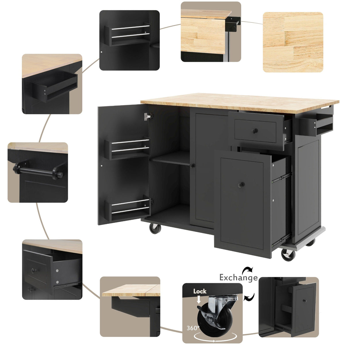 BABOOM Black Mdf Base with Wood Top Rolling Kitchen Island (28.7-in x 53.9-in x 36.8-in)