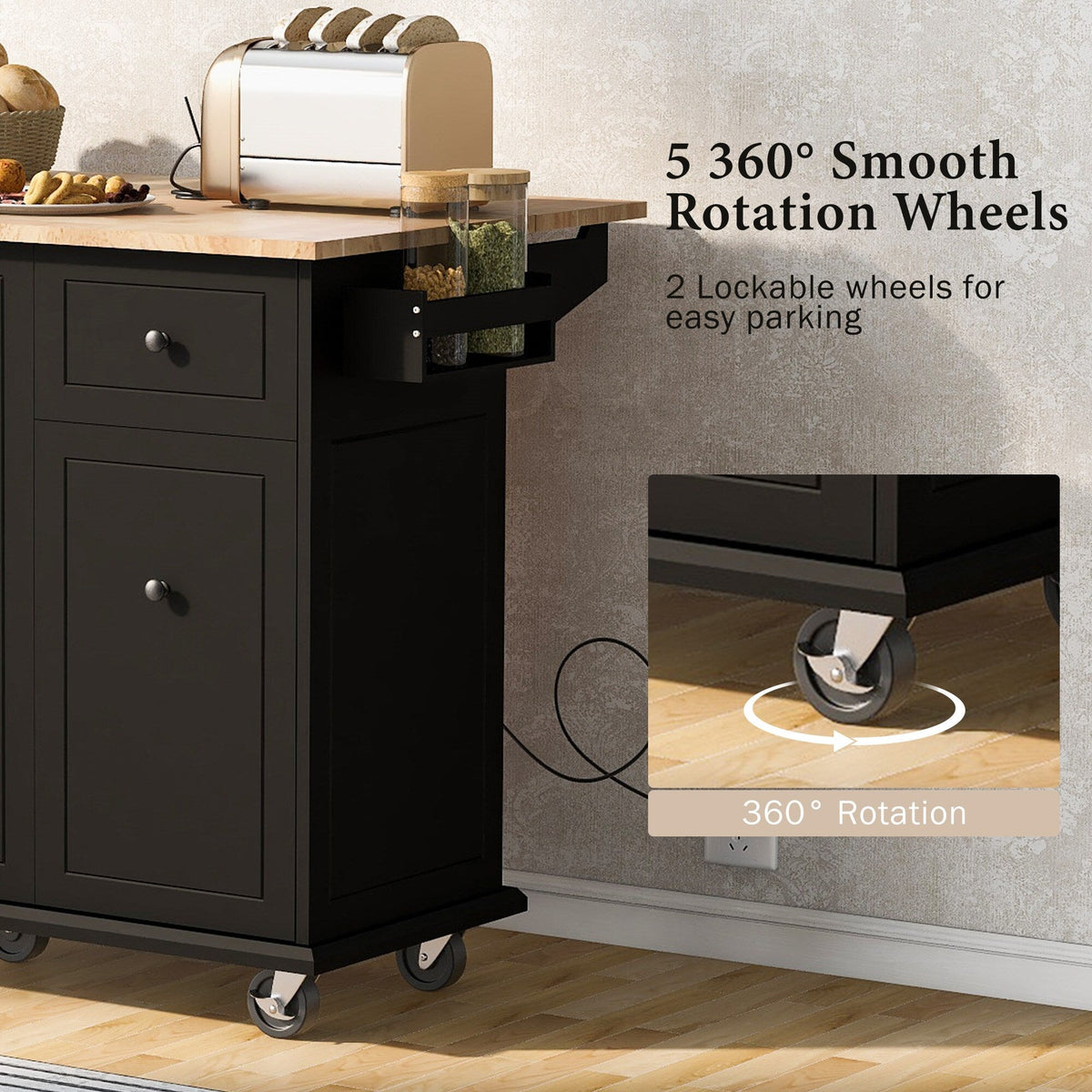 BABOOM Black Mdf Base with Wood Top Rolling Kitchen Island (28.7-in x 53.9-in x 36.8-in)