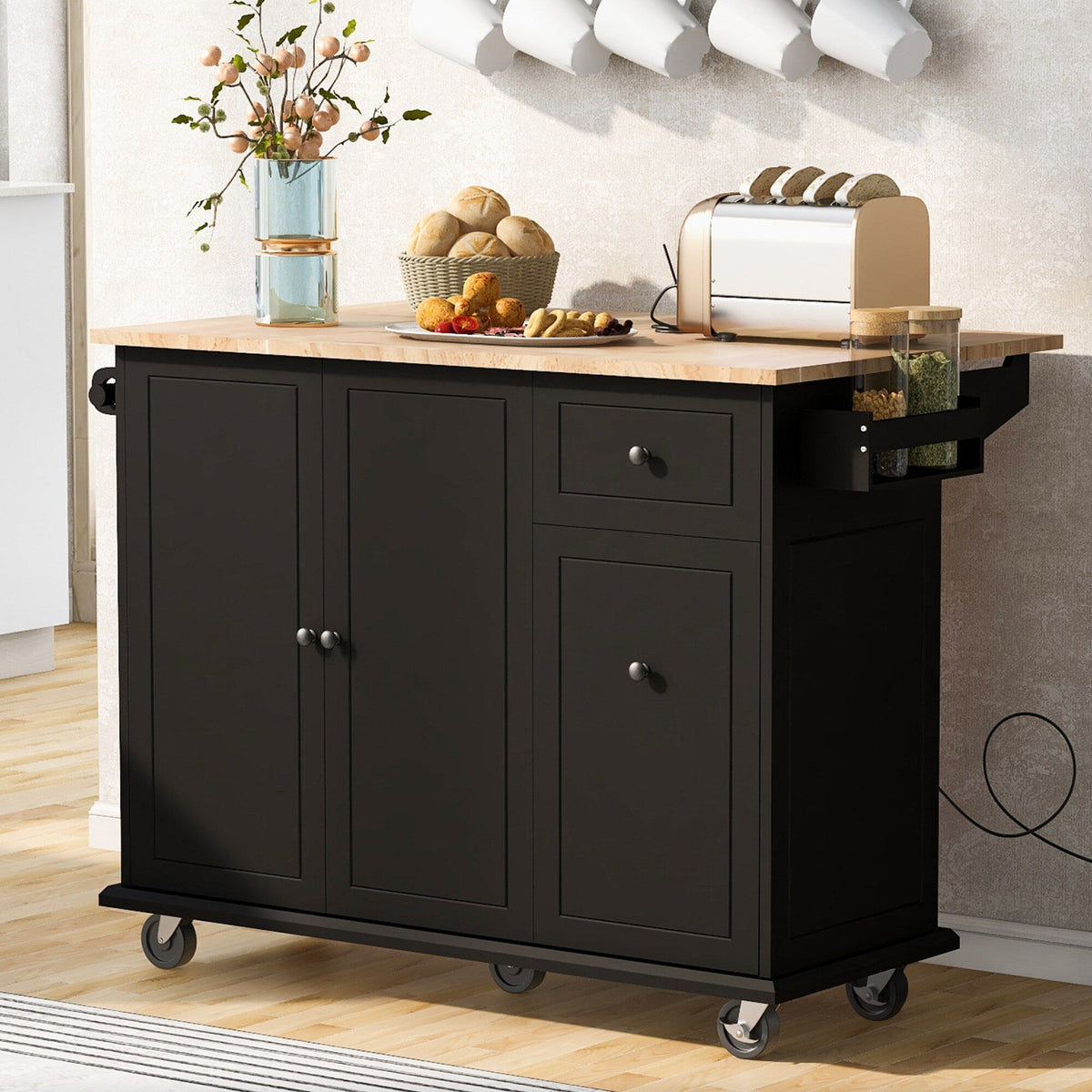 BABOOM Black Mdf Base with Wood Top Rolling Kitchen Island (28.7-in x 53.9-in x 36.8-in)