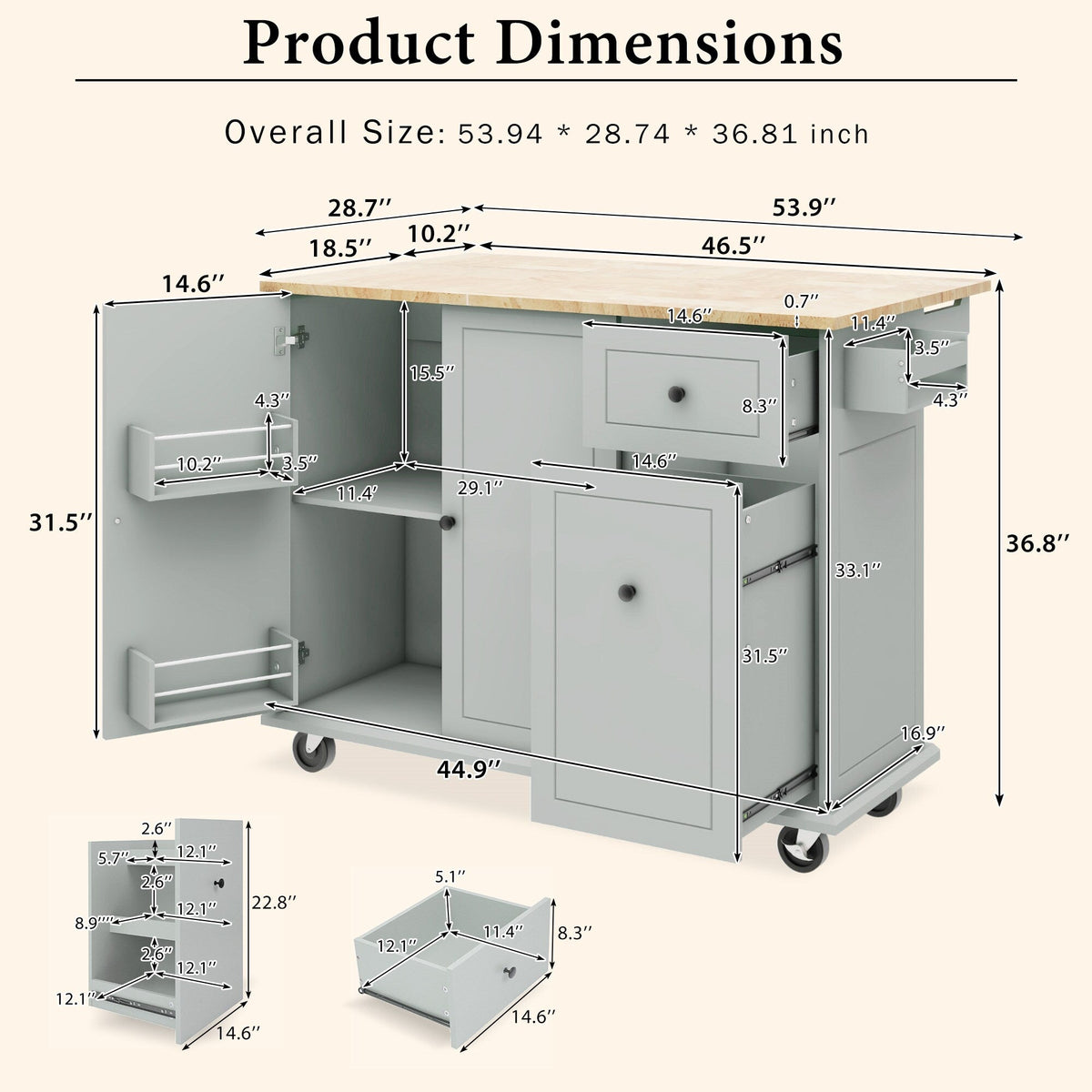 BABOOM Gray Mdf Base with Wood Top Rolling Kitchen Island (28.7-in x 53.9-in x 36.8-in)