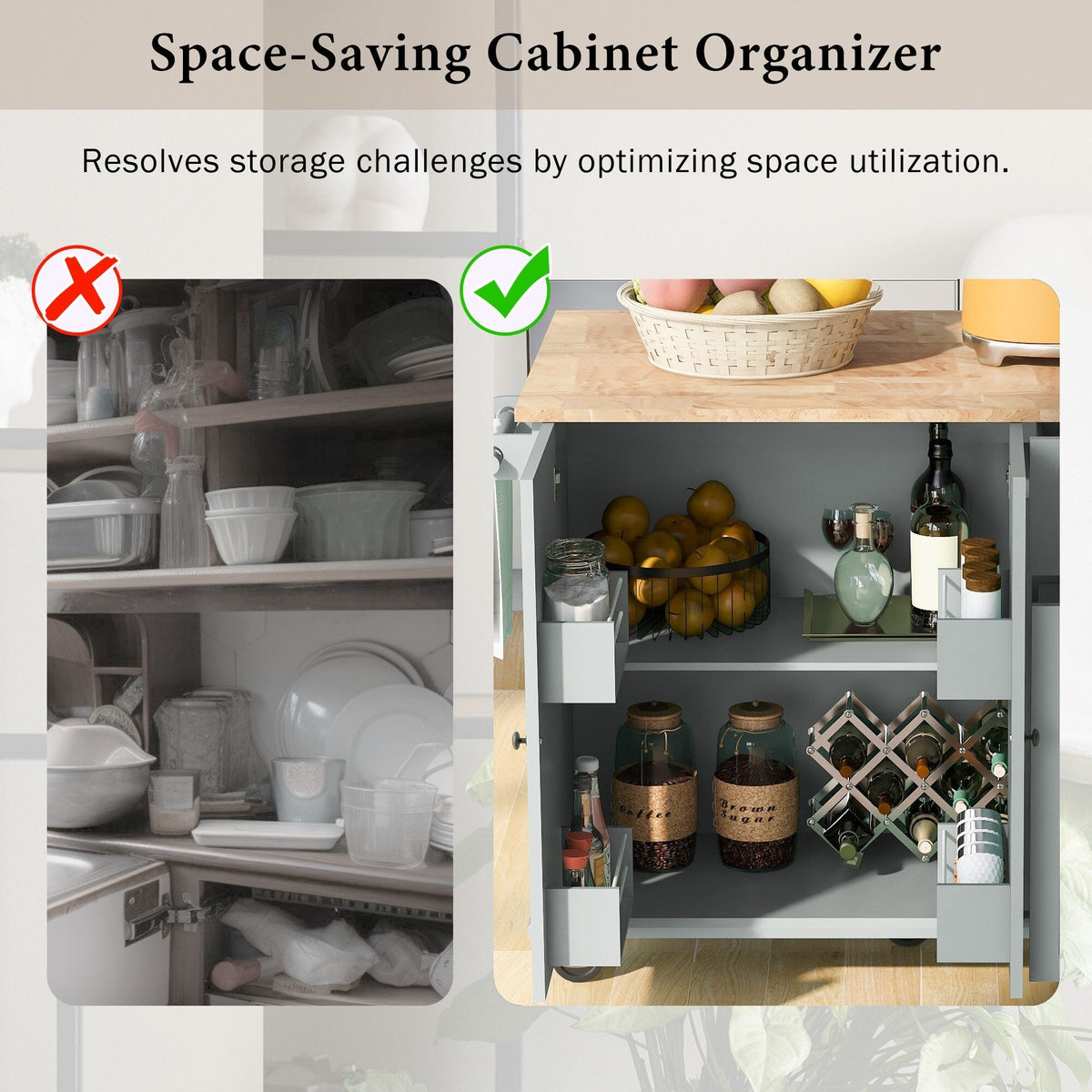 BABOOM Gray Mdf Base with Wood Top Rolling Kitchen Island (28.7-in x 53.9-in x 36.8-in)