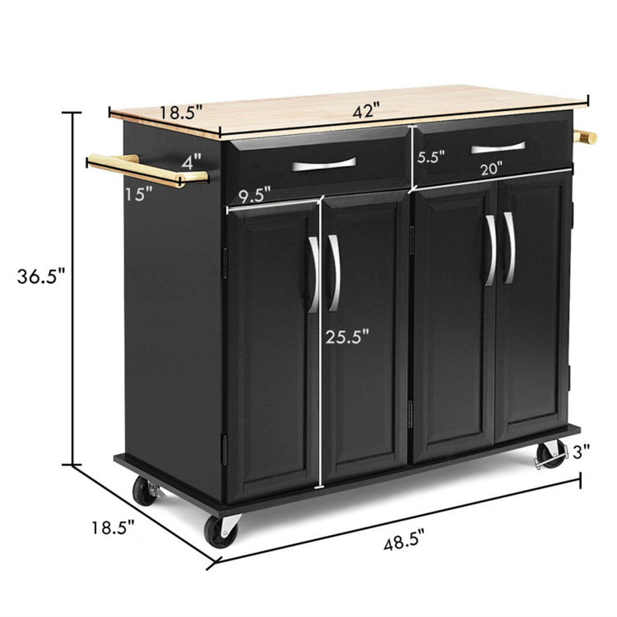 BABOOM Black Mdf Base with Wood Top Rolling Kitchen Island (18.5-in x 48.5-in x 36.5-in)