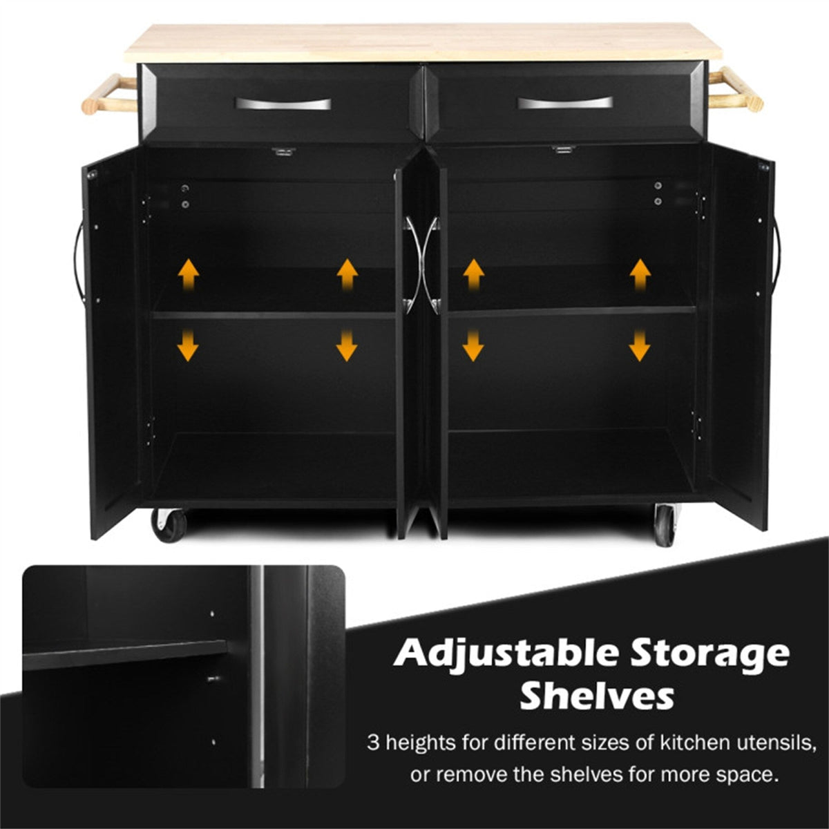 BABOOM Black Mdf Base with Wood Top Rolling Kitchen Island (18.5-in x 48.5-in x 36.5-in)