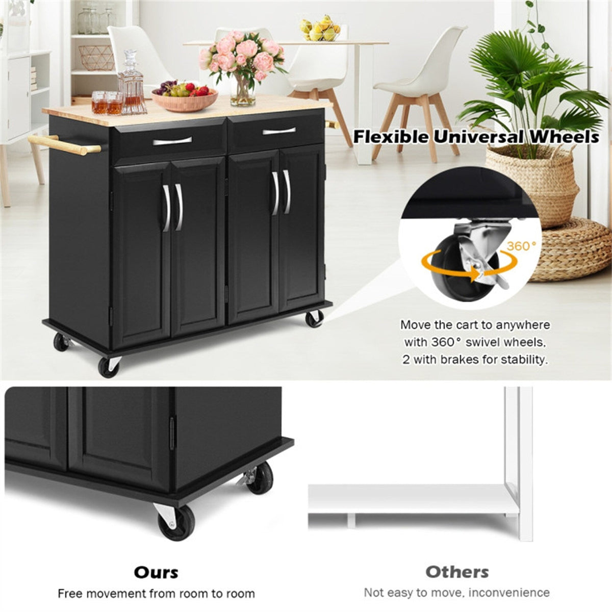 BABOOM Black Mdf Base with Wood Top Rolling Kitchen Island (18.5-in x 48.5-in x 36.5-in)