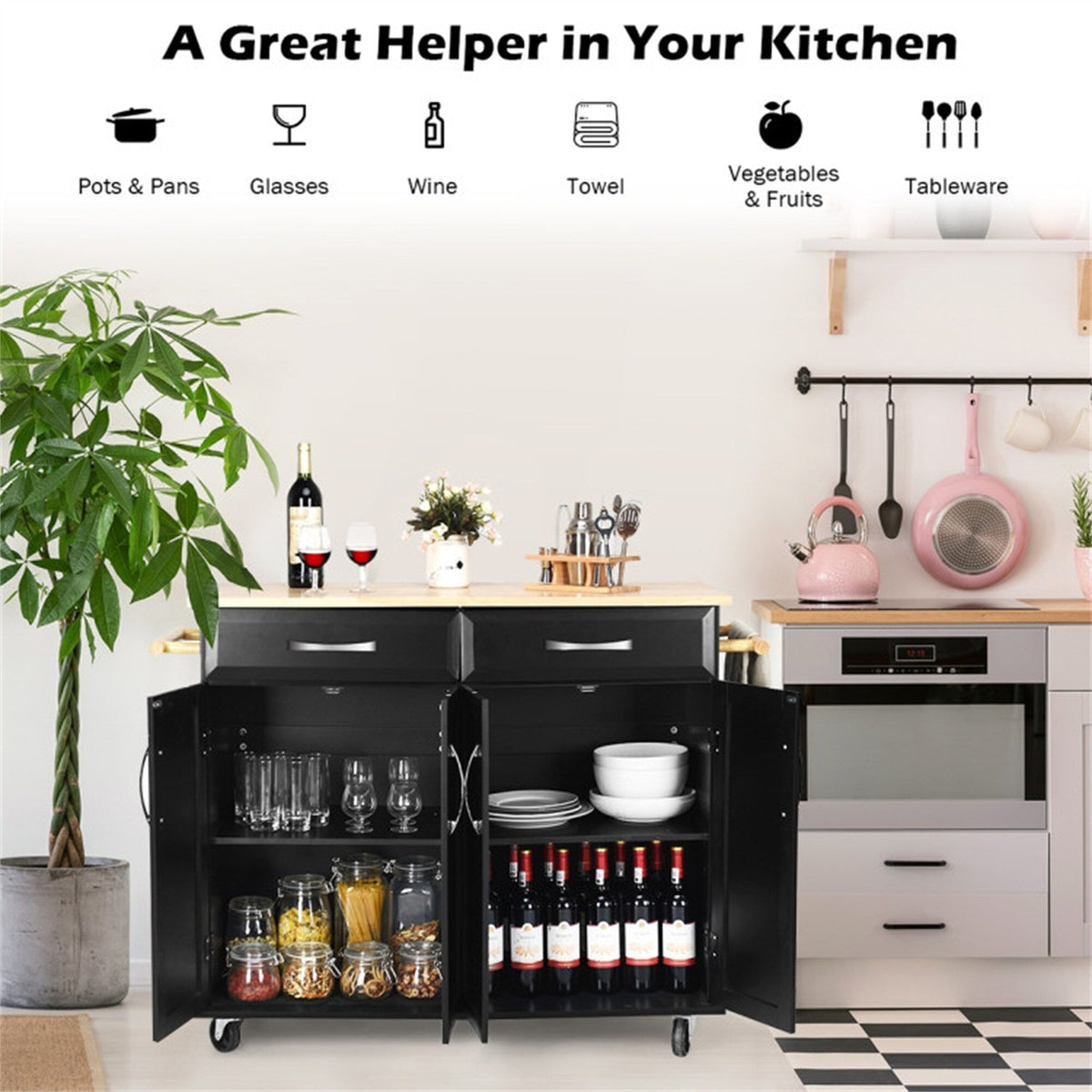 BABOOM Black Mdf Base with Wood Top Rolling Kitchen Island (18.5-in x 48.5-in x 36.5-in)