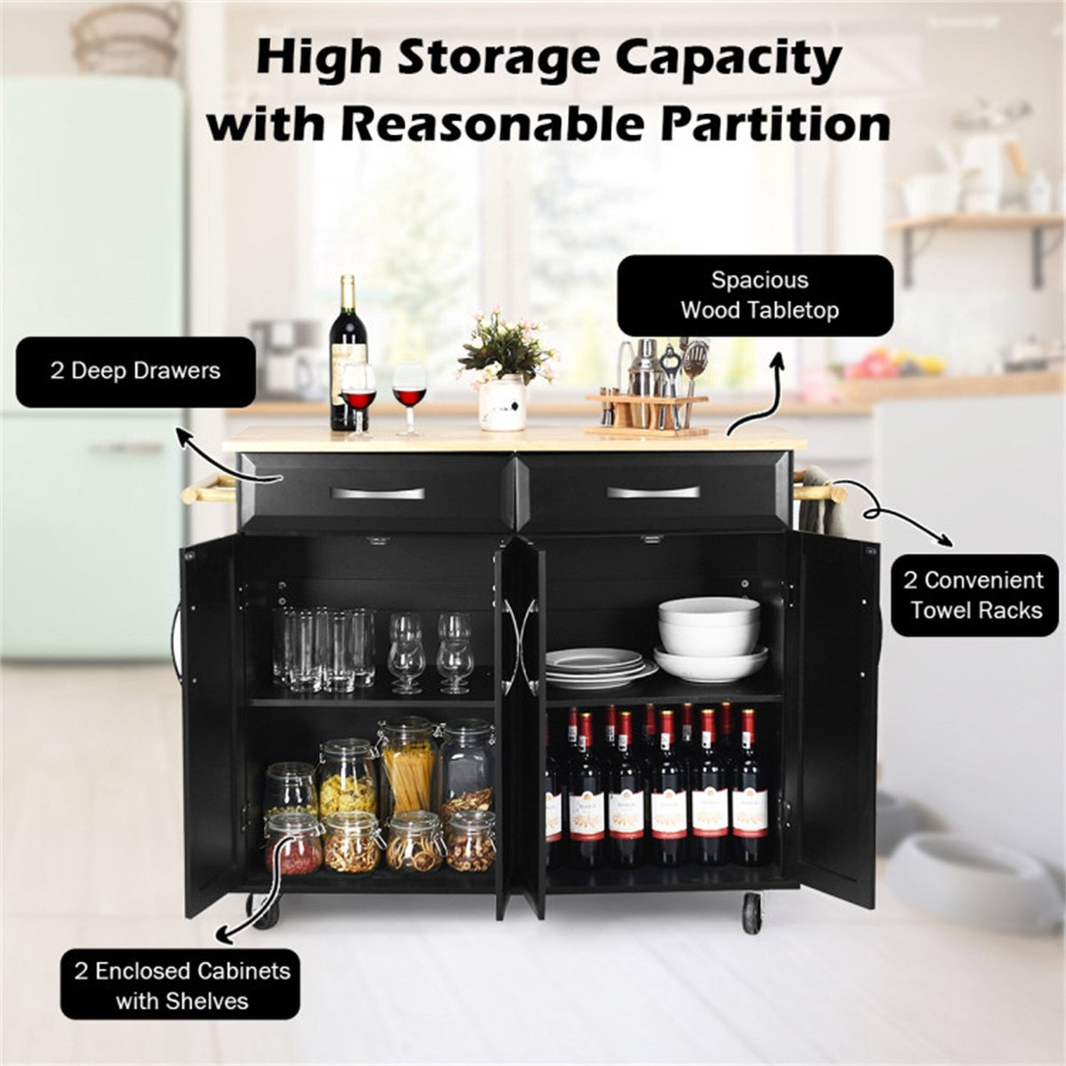 BABOOM Black Mdf Base with Wood Top Rolling Kitchen Island (18.5-in x 48.5-in x 36.5-in)